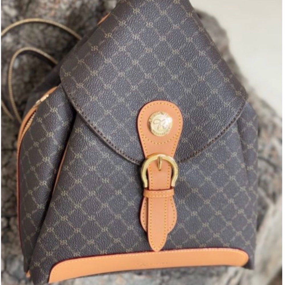 Rioni Brown Monogram Backpack with Tan Leather Trim